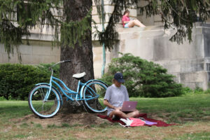 Student studying under a tree with a bicycle beside her